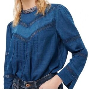 J. Crew sz L lightweight high neck denim shirt with amazing, delicate detailing